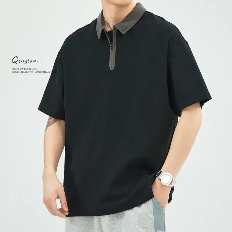 Summer Japanese Color-Block Half Zip Short Sleeve Shirt Men's Loose Plus Size Casual Polo Top
