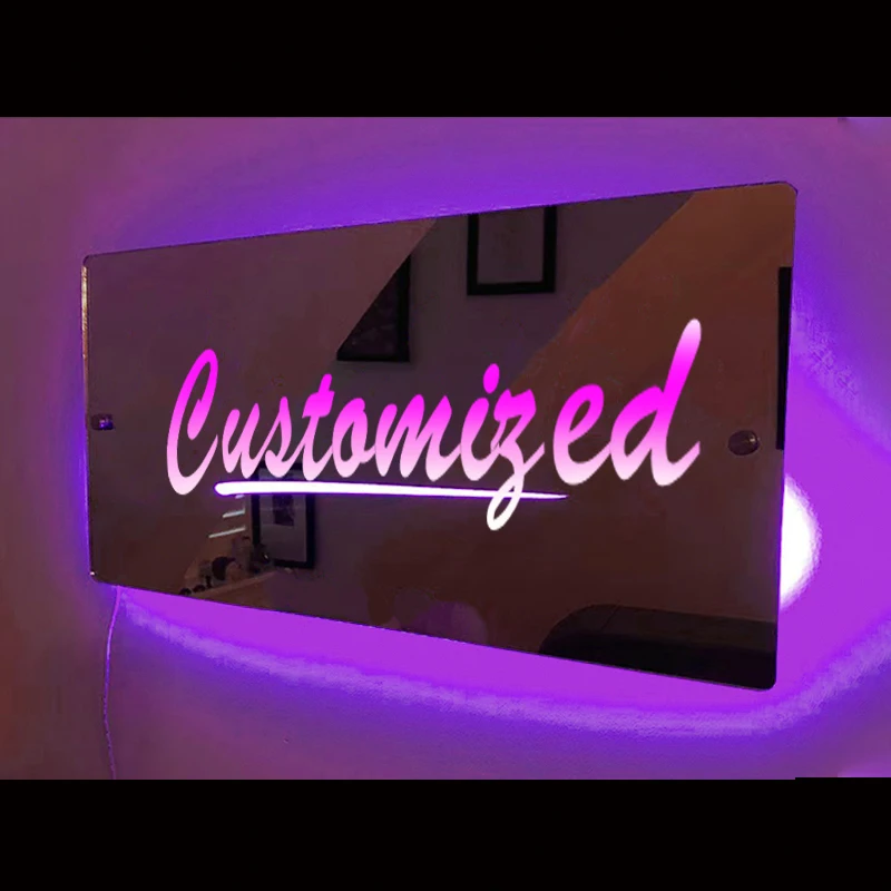 Luz do espelho acrílico com palavras personalizadas, LED Wall Decor, nome personalizado Neon Sign, presente de aniversário, quarto Decorações