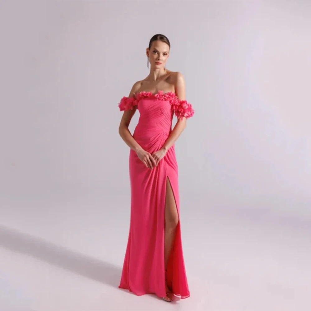

Dream Pink Classic Evening Dress Chiffon for Floor-Length Strapless Off the Shoulder Prom Dress Slit Robes De Soirée Customized