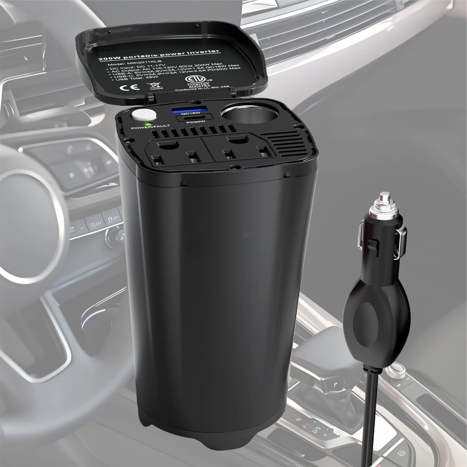 

200W 5-in-1 Car Charger, PD30W Type-C & QC18W USB Fast Charge, 12V to 110V Dual AC Outlets, Smart Cooling, Essential for Driving
