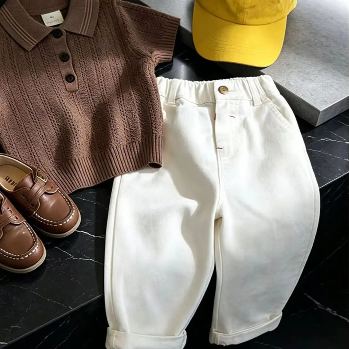 Boy Set Summer New Children's Retro Hollow Breathable Knitted Polo Shirt and Casual Straight Leg Pants Two Piece Set