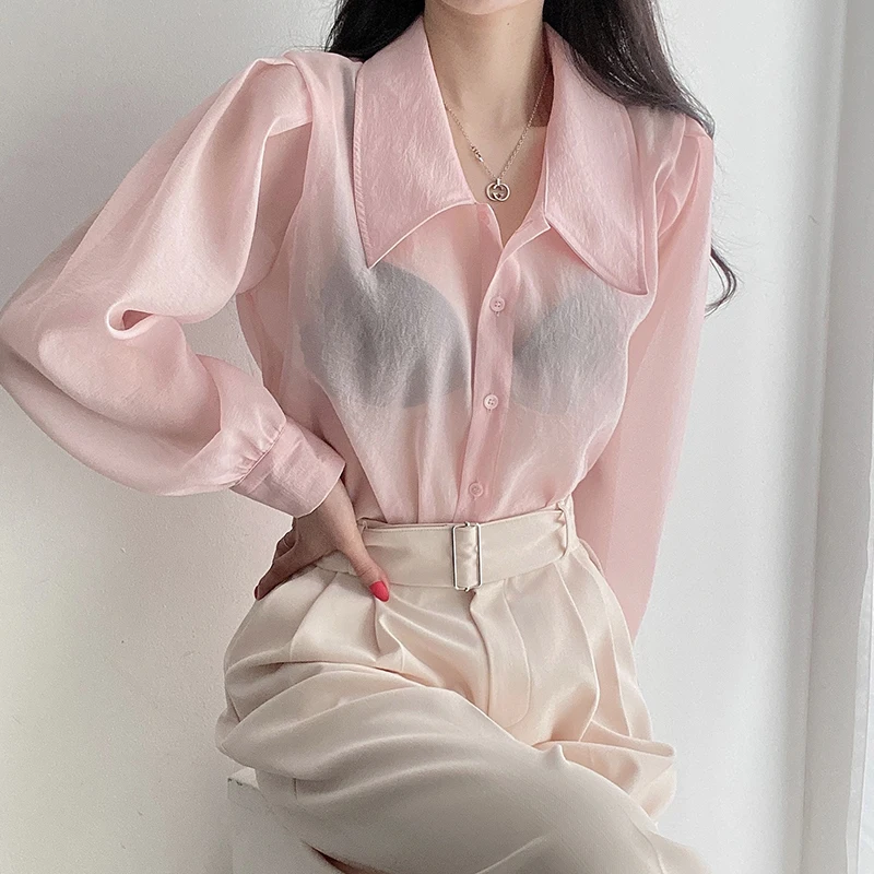 Clothland Women Sweet Transparent Organza Blouse Long Sleeve Pink Black Shorts Female Chic Casual Tops Blusa LA448