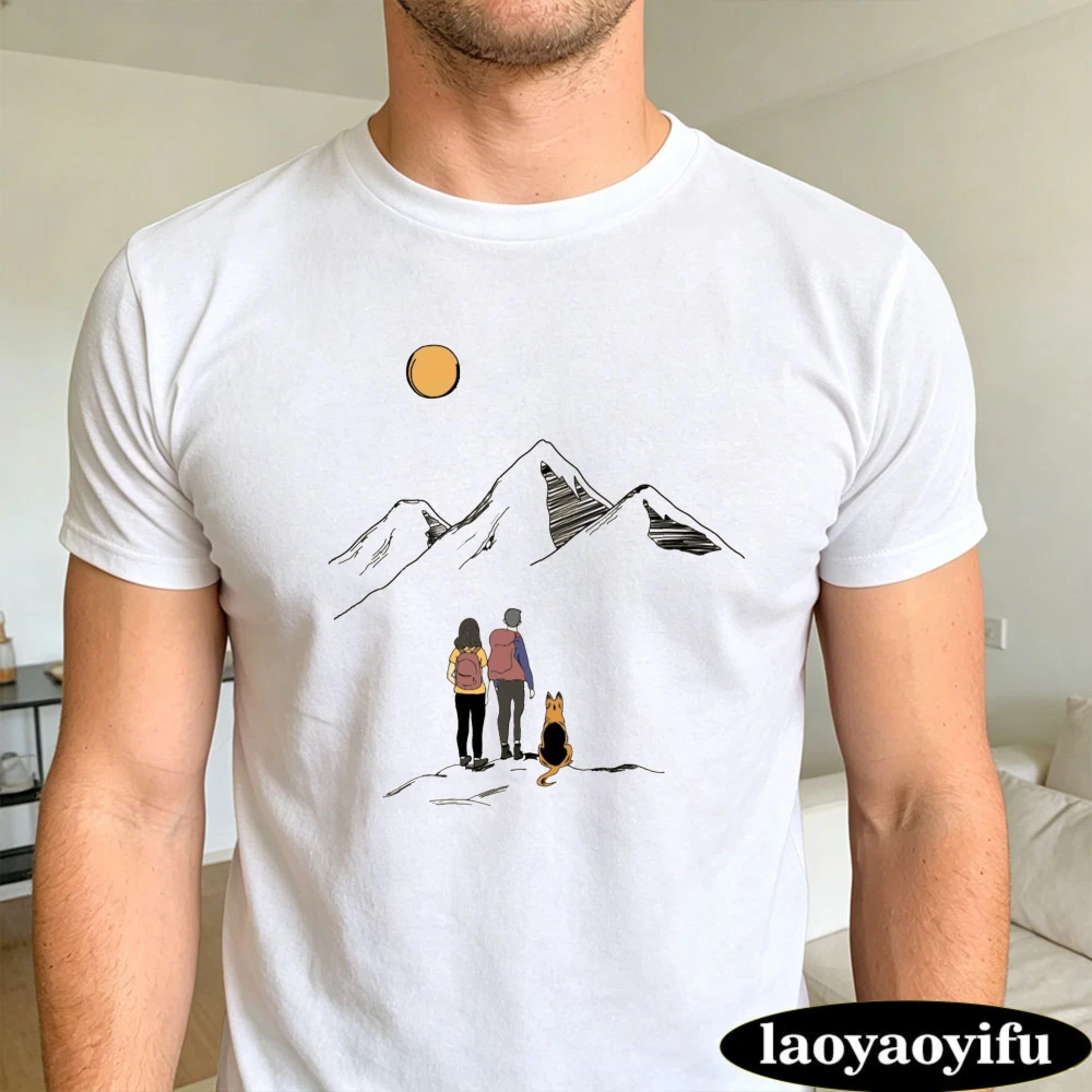Minimal Line Couple Backpack German Shepherd Mountain Sunset Summer Men Cotton T-Shirt Outdoor Hike Simple Graphic Short Sleeve