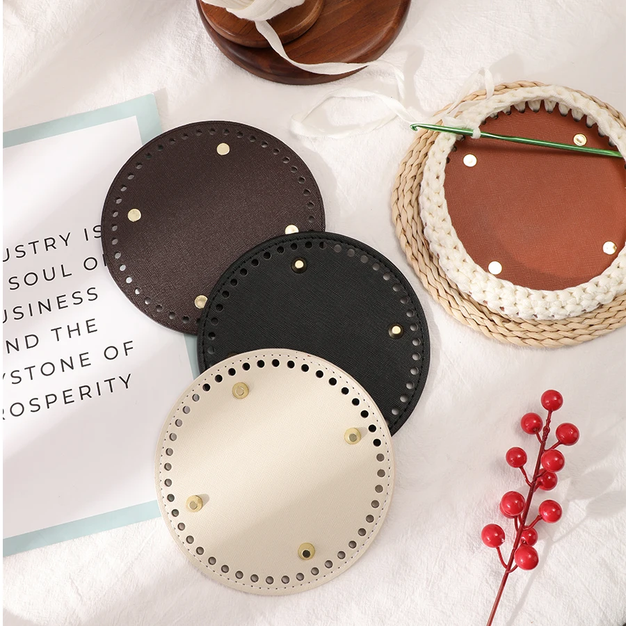 قاع مستدير للكيس المحبوك ، مصنوع من جلد البولي يوريثين ، قاعدة يدوية الصنع مع فتحات ، إكسسوارات الكروشيه ، 15 × 15 سم