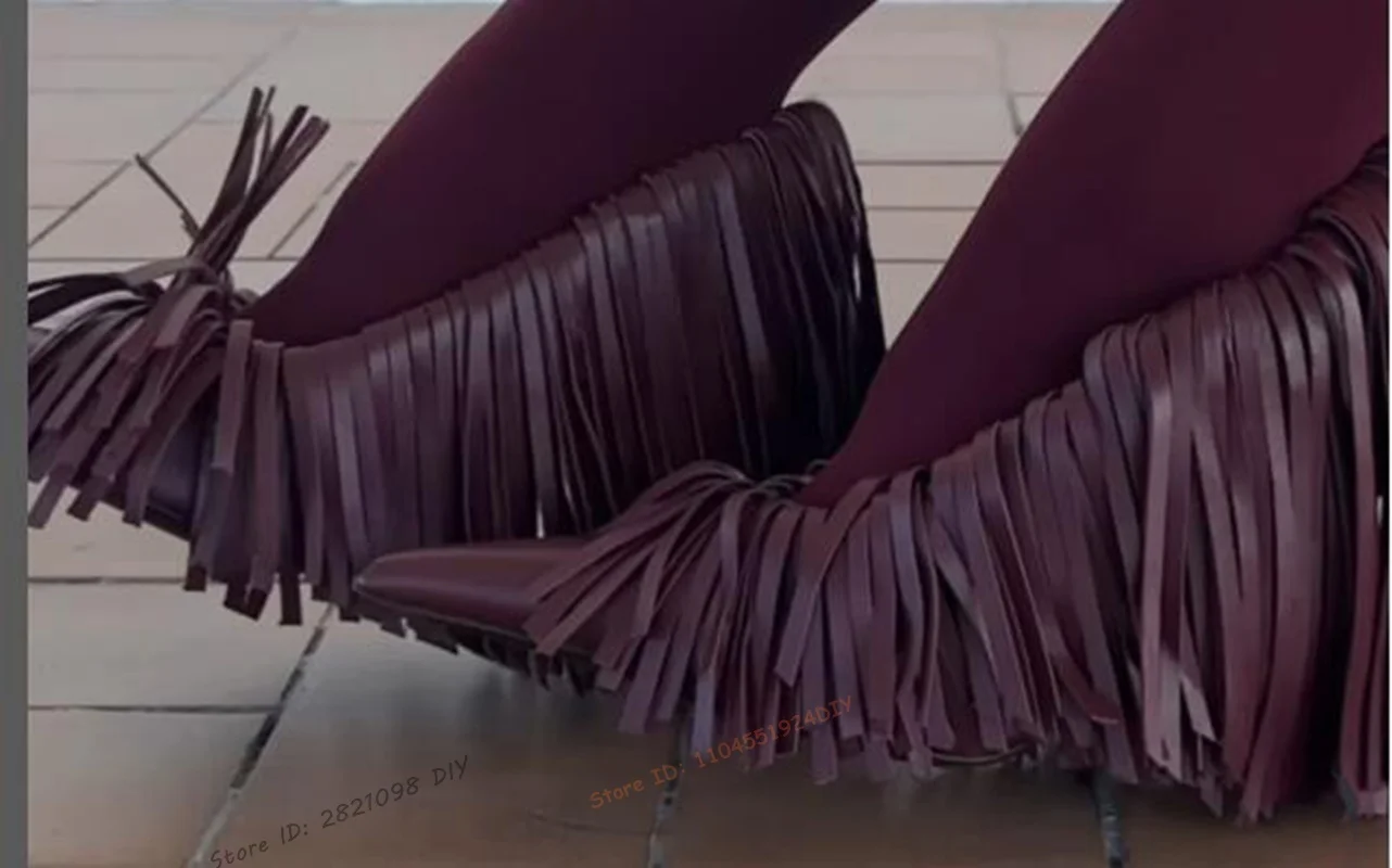 المرأة مضخات جلدية عالية الكعب أشار تو شرابة رقيقة الكعب خنجر أشار تو مضخات النساء هامش أحذية الحفلات الموضة