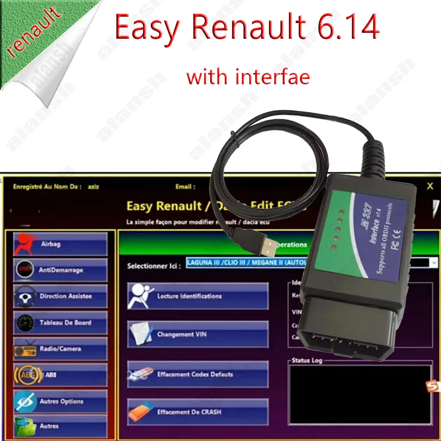 Easy Renault 6.14 for Renault Dacia Edit ECUs Programmer Clear Crash Airbag Card Keys UCH Cleaner + USB327 Nitro