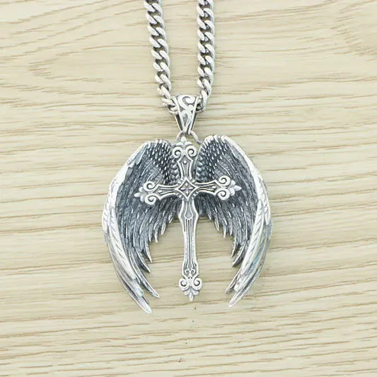 

Wholesale Thai silver retro personality 925 sterling silver necklace wings of men and women angels cross pendant ornaments