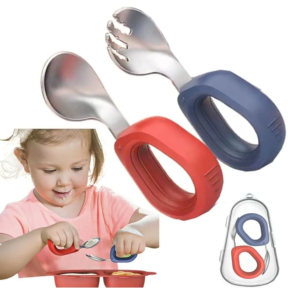 Juego de cucharas de silicona con mango de silicona para bebé, vajilla antideslizante sin BPA para niños, diseño antiastres de autoalimentación