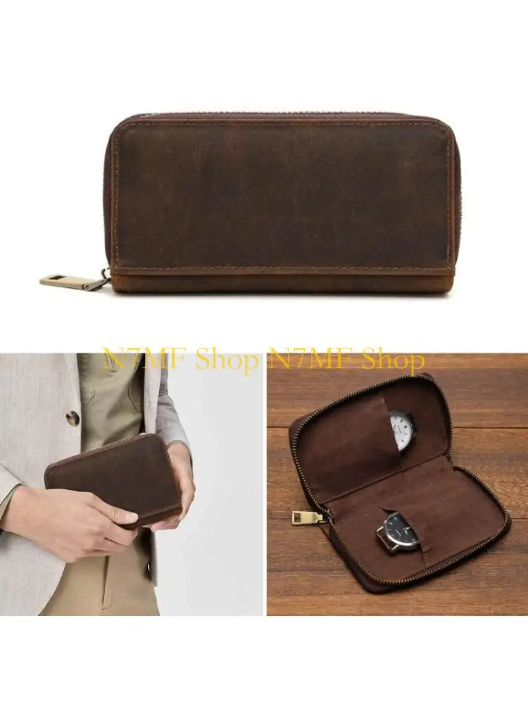 

N7MF Portable Horse Leather Two Slot Watch Storage Bag Watch Travel Case for Men and Women Unisex Ornament