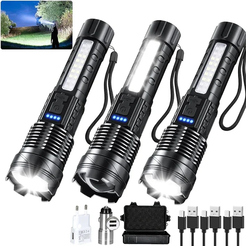 High Strong Power Led Zoom Flashlights Portable USB Rechargeable Tactical Light Emergency Spotlights with Power Display Torch