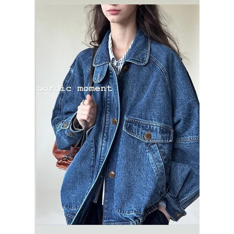Blouse Jacket Women's Spring/Autumn Denim Vintage-inspired Textured Stand-up Collar Contrast Colouring New Leisurely Minimalist