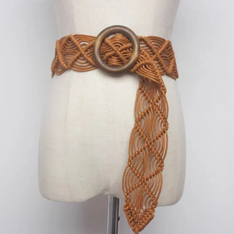 Women's Boho Wide Belt Fashion Waxed Rope Woven round Buckle Ethnic Style Waist Chain Corset for Dresses