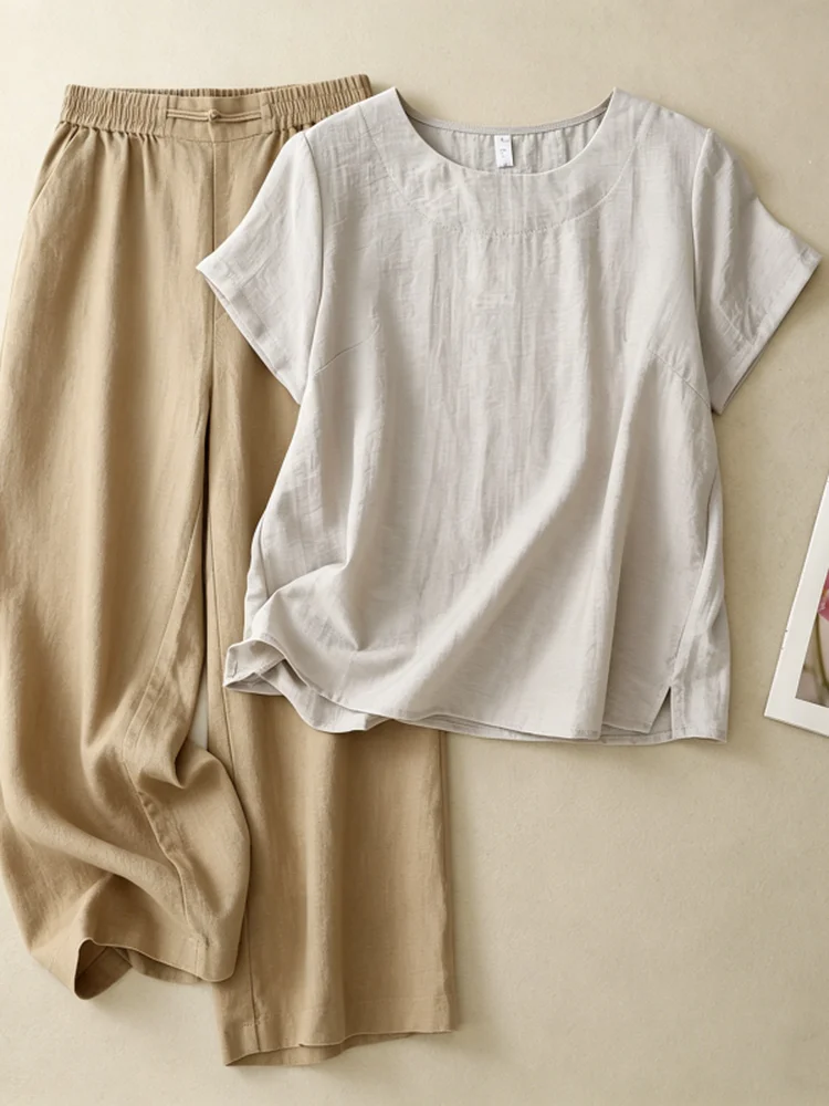 

Casual Loose Cotton Linen Short Sleeve T-Shirt Top Women Summer Fashion Set with High Waist Wide Leg Pants Breathable Light W...