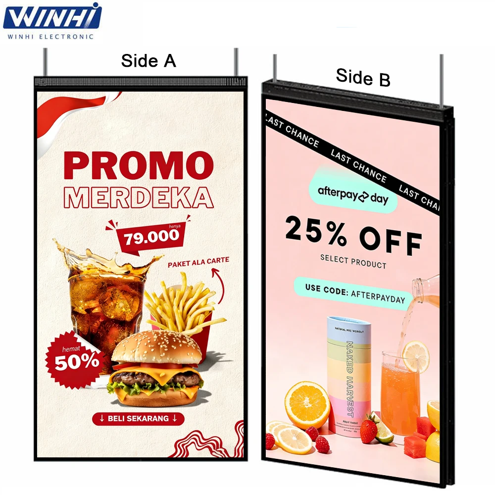 Double Sided Digital Signage for Shop Window Display-43/55/65 Inch Ultra-Thin Hanging LCD Monitor 700&3000 Nits for Retail Store