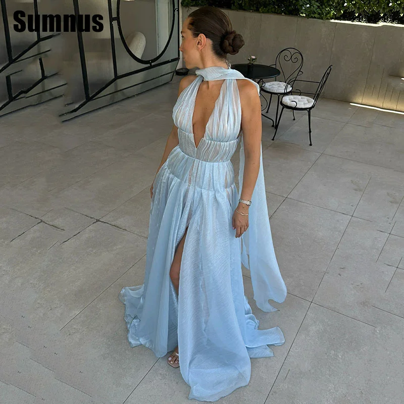 

Sumnus Charming A-Line Evening Dress Sky Blue V-Neck Side Slit Ruched Formal Occasion Gowns فساتين سهرة Customized
