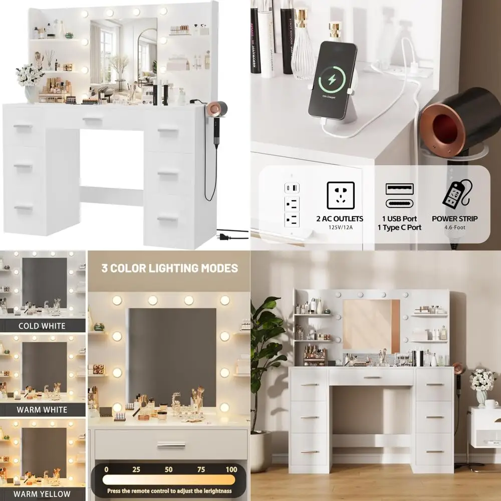 Furmax Vanity Desk with Mirror, LED Lights and Power Outlet Makeup Vanity Table with 7 Drawers and 6 Storage Shelves Dressing Ta