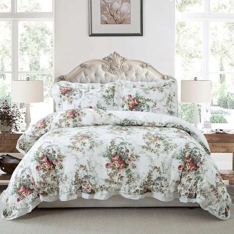 

100% Cotton Duvet Cover Set,Shabby Rose Printed Ruffled Duvet Cover Breathable Durable Soft Decorative Bedding Set