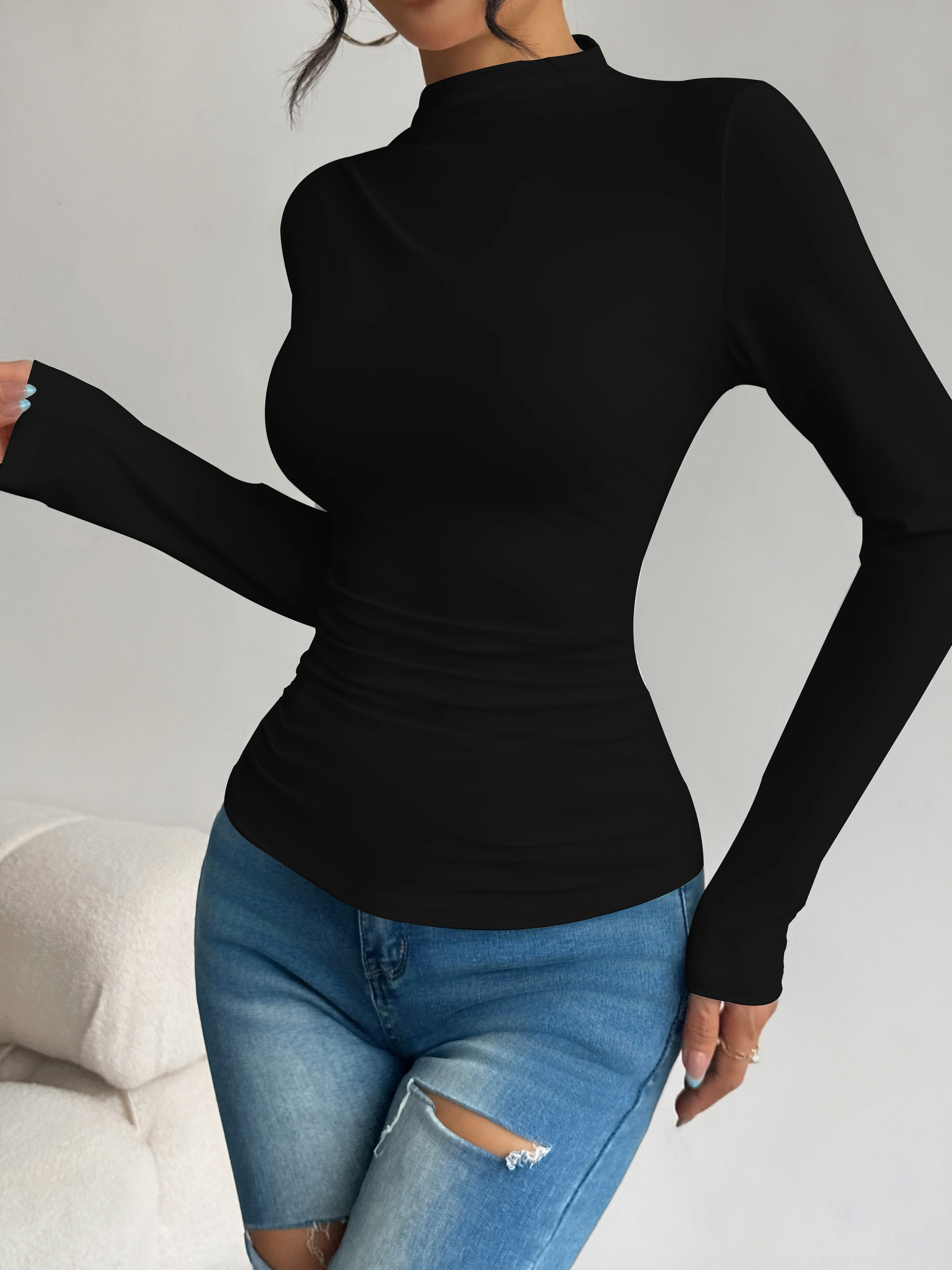Halbhoher Kragen, plissierte Taille, schlank machendes, langärmliges Basic-Shirt für Damen, vielseitiges Oberteil für Frühling und Herbst. – Detail 19