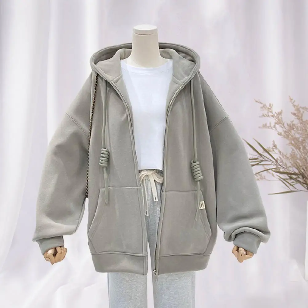 Autumn Winter Women Hooded Jacket Solid Color Zipper Large Pocket Long Sleeves Outwear Thick Loose Female Ladies Casual Coat