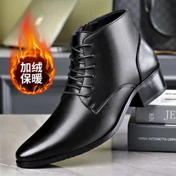 Men's Boots Fashion High-top Casual Boot Pointed Tip Business Leather Boots for Men Plush Warm Winter Boots Lace Up Ankle Botas