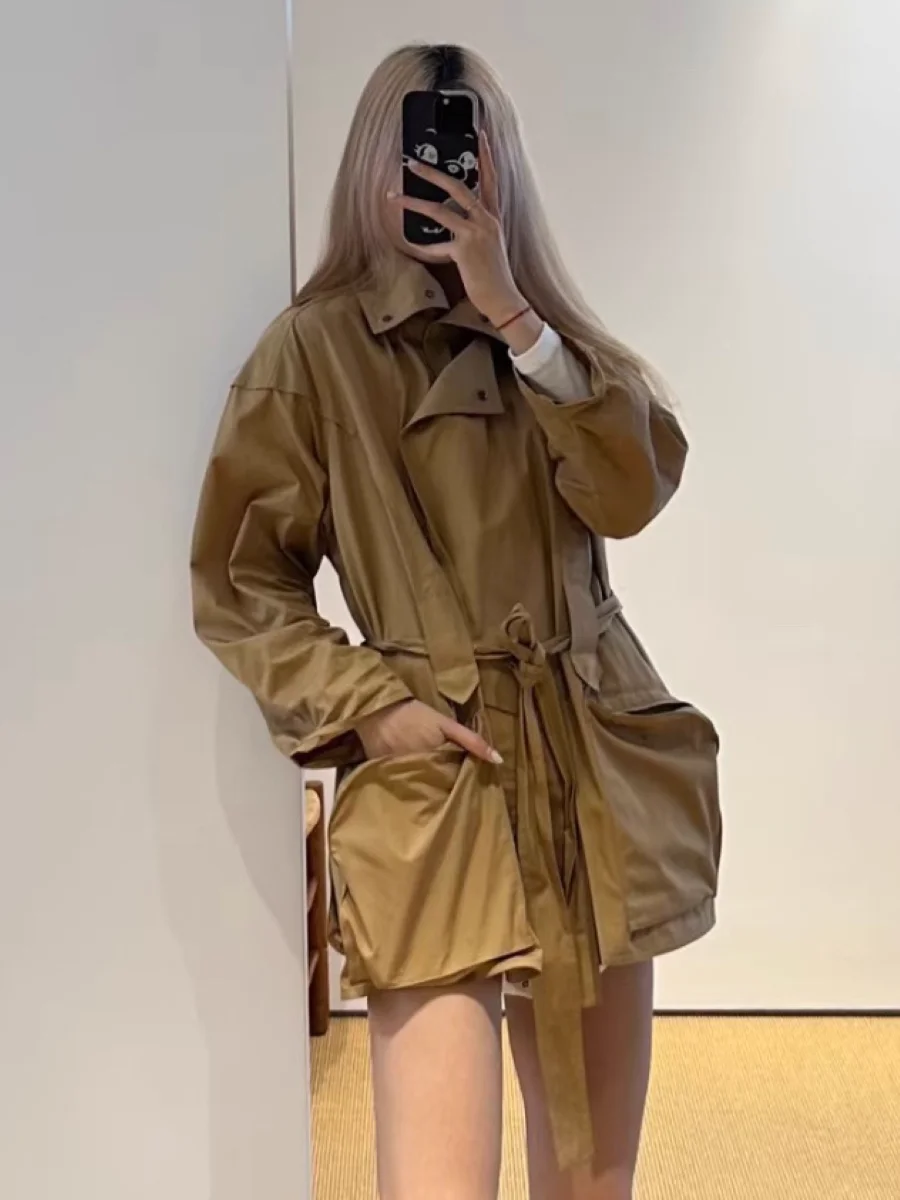 

Large Pockets Women Turtleneck Trench Coat Turn Down Collar Long Sleeve Loose Casual Jacket with Belt