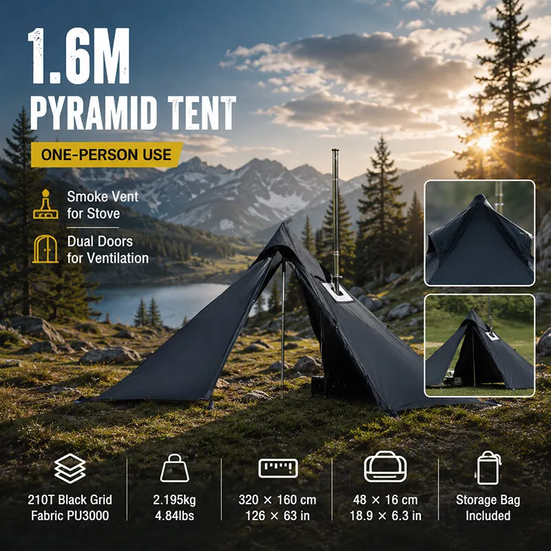 Pyramid Winter Tent 4 Season, Snow Skirt Waterproof 210T, 2 Person Two Bedroom Outdoor Shelter with Stove Jack Use