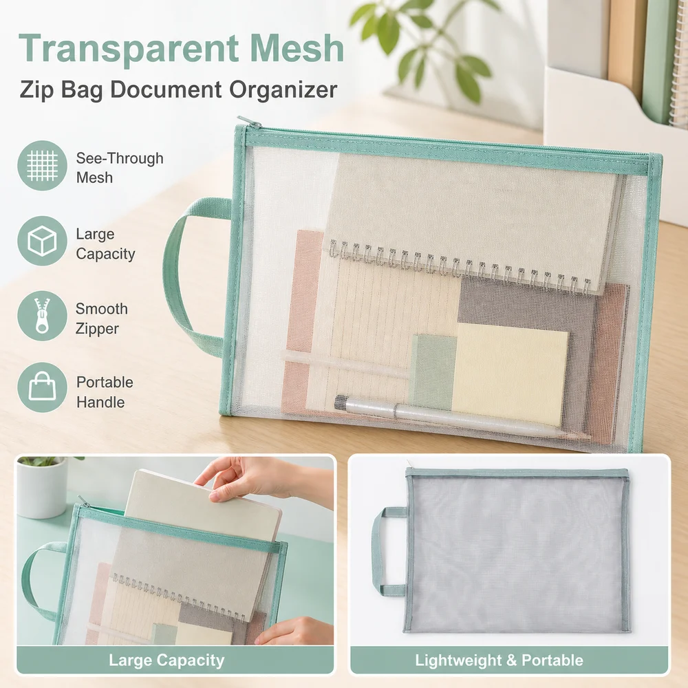 New Nylon Mesh Zip Bag Transparent Zipper Closure Document Storage Bag Dust Resistant Morandi Style File Folders School Supplies