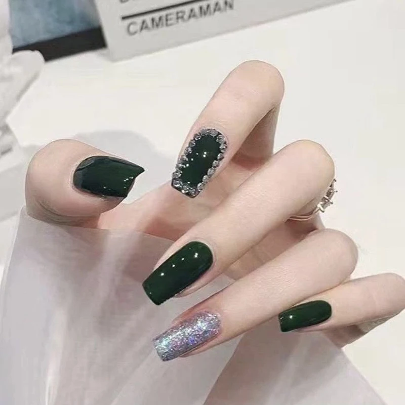 Green Handmade French False Press On Nails With Rhinestones Full Cover Ballerina Manicuree Decoration Wearable Artificial Nails