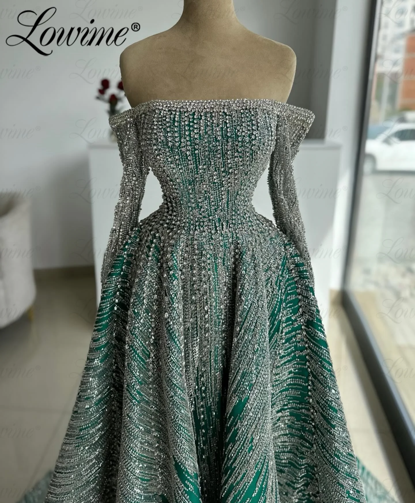 Heavy Crystals Celebrity Dresses Off Shoulder Green Long Sleeve Aso Ebi Sequined Party Second Reception Birthday Engagement Gown