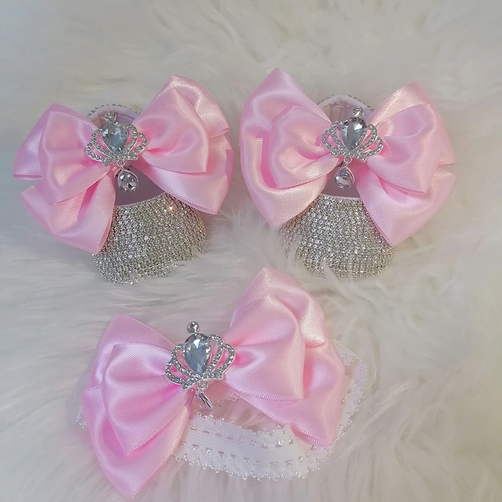 Handmade Bow Rhinestones Baby Girl Kids Shoes Hairband Pacifier Clip Comb First Walker Sparkle Bling Crystals Shower Gift