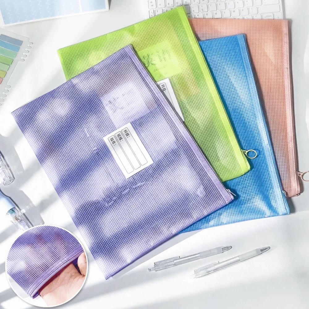 Simple Mesh A4 File Bag with Label Pocket Soft Foldable File Folder Large Capacity Zipper Storage Bag School Office