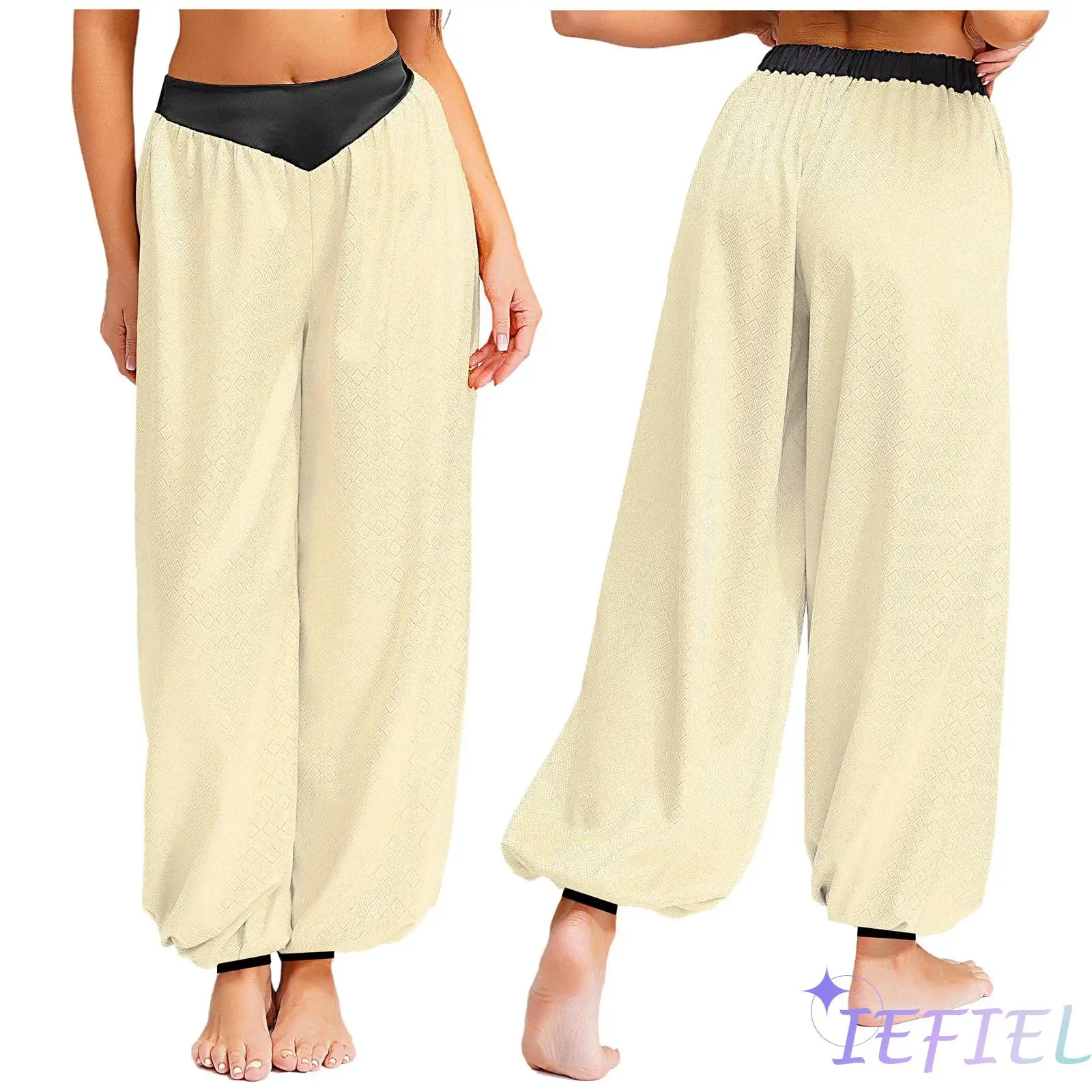 

Womens Belly Dance Contrast Color Loose Leg Lantern Long Pants Arab Princess Gypsy Tribal Jacquard Harem Pants for Belly Dance
