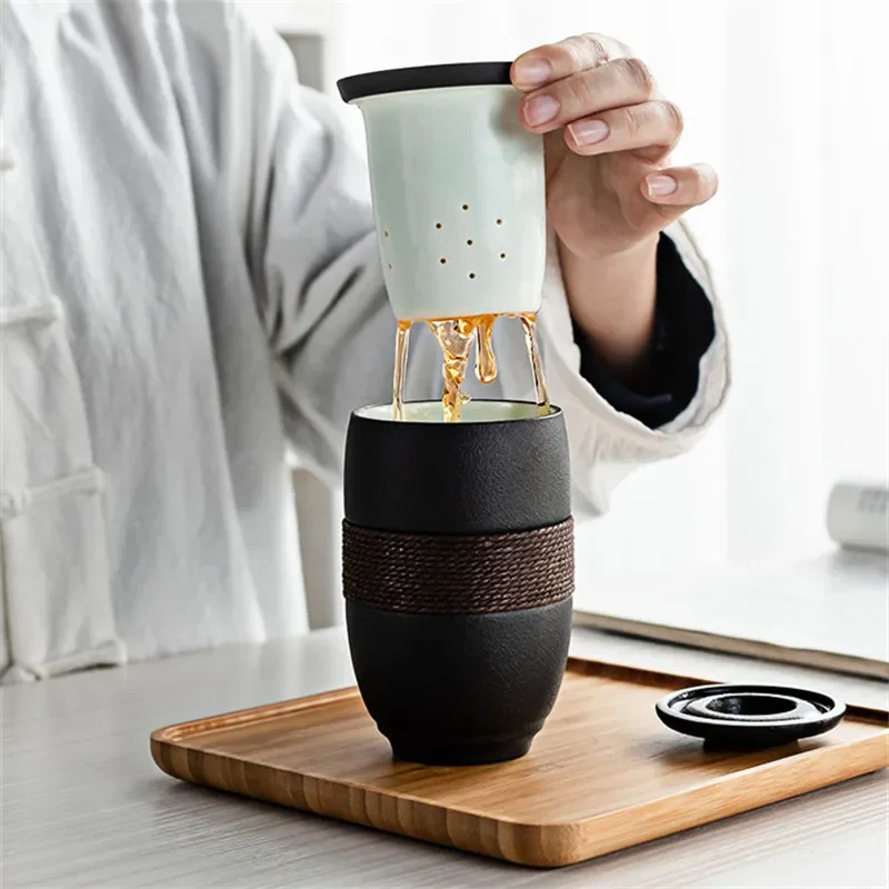 Keramik-Teetassen im japanischen Stil, Retro-Teetrennbecher, Heimbüro, Reisen, tragbarer Wasserbecher mit Filter und Deckel