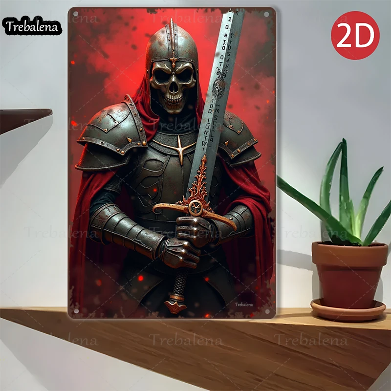 1 peça 2d plano 8*12 polegadas sinal de metal crânio cavaleiro com espada guerreiro medieval decoração de arte