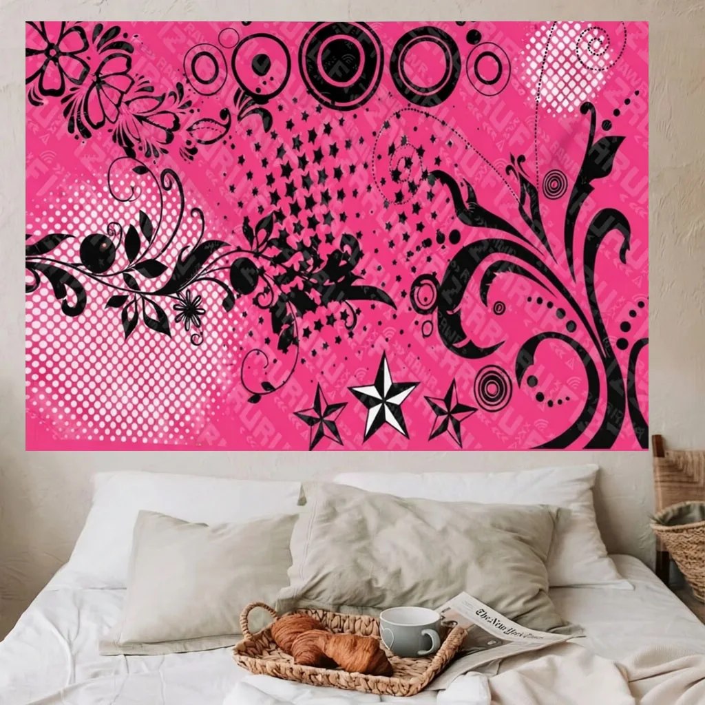 Y2K Black Pink Graffiti Wall Tapestry Star Flower Wave Dot Print Hanging Cloth Retro Millennium Aesthetic Decor for Bedroom Dorm