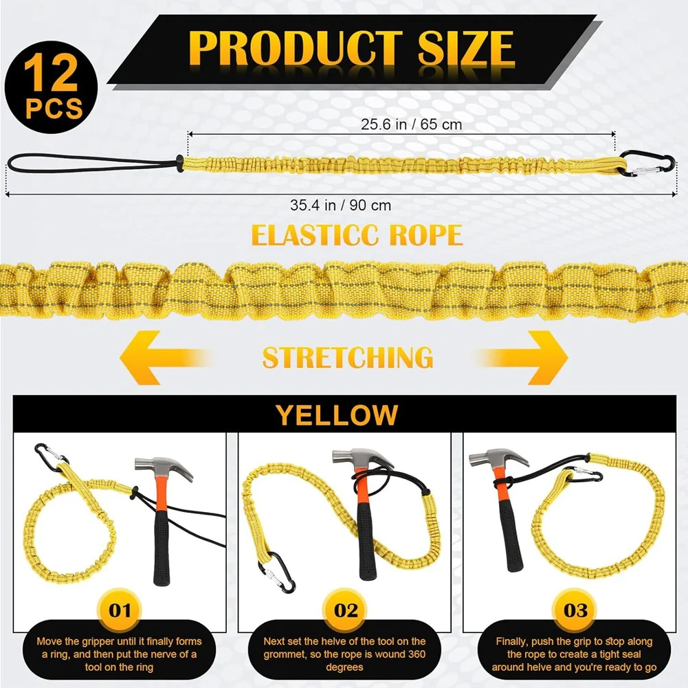ABJS 12 Pack Tool Lanyard with Single Metal Buckle and Adjustable Loop End, Standard Length, with Aluminum Screw Lock Yellow