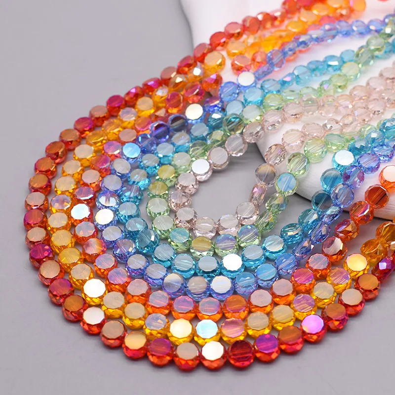 AB Color Plating 30pcs 8mm/lot Flat Round Faceted Crystal Glass Beads Disc-Shaped Loose Beads For Jewelry Making DIY Bracelet