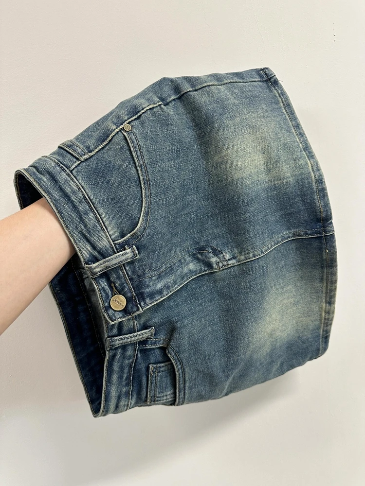 

Джинсовая юбка с высокой талией в ретро-стиле, укороченная, А-силуэт, для полных женщин, летняя новинка, предотвращающая просвечивание