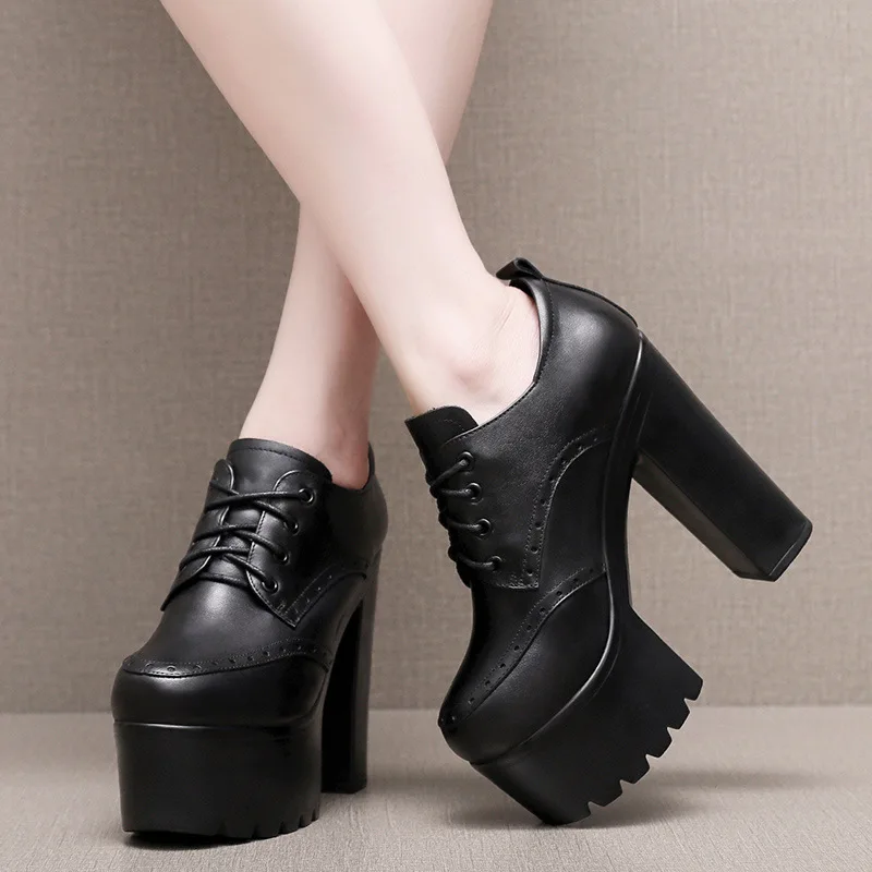 Personality British Style Carved Genuine Leather Shoes Woman Pumps New Plus Velvet Winter High Heels 8 /10 /14 Cm