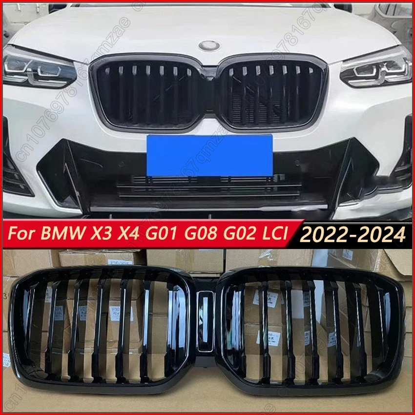 

For BMW X3 X4 G01 G08 G02 LCI 2022-2024 Single/Dual Slat Style Line Grille Car Front Hood Kidney Grille Gloss Black Racing