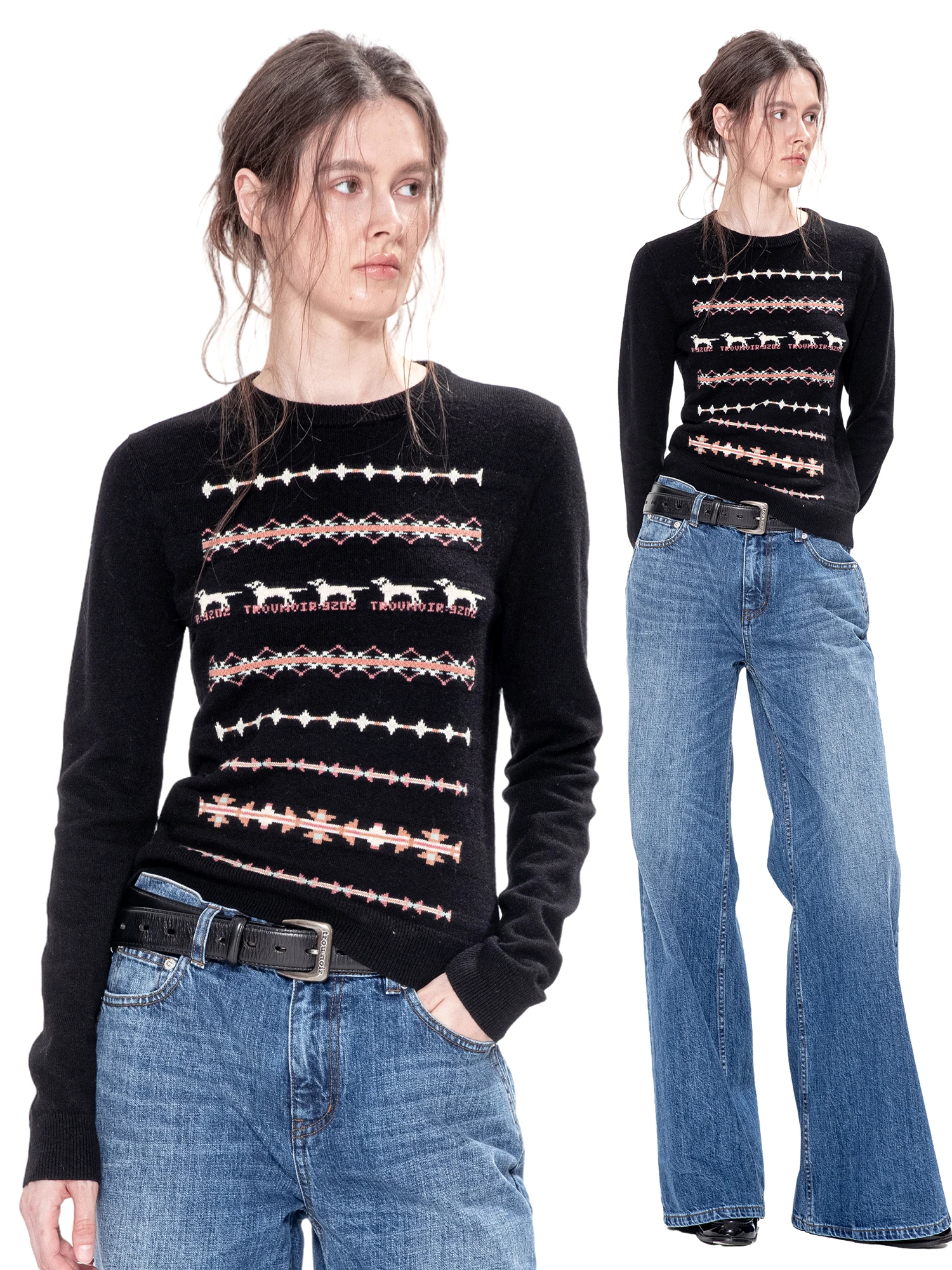 

TROU NOIR Bla Hole 2025 Осенне-зимний вязаный свитер женский с круглым вырезом, с принтом «Цветы ледяного острова», теплый, с длинными рукавами