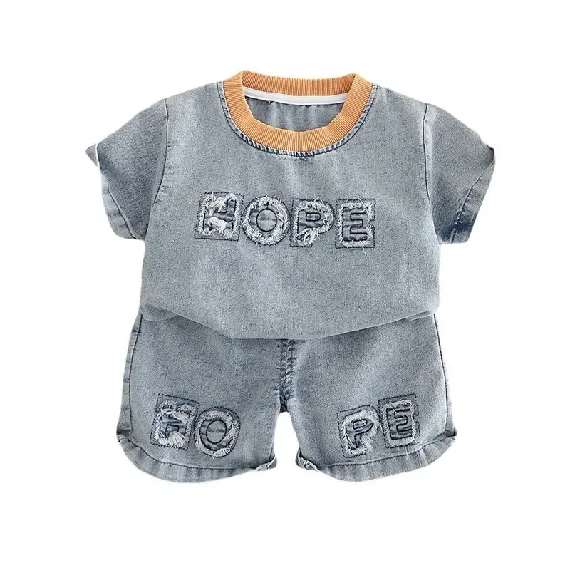 

Boys Summer Suit New Baby Summer Thin Letter Denim Round Neck Short Sleeve Suit Infant Kid Fashion Toddler Tracksuit 0-5 Years