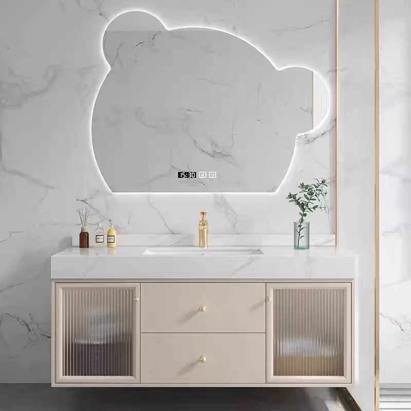 Vanity Mirror Bathroom Cabinet Ceramic Integrated Sink Cabinet Cream-Style Vanity Cabinet with Integrated Wash Basin
