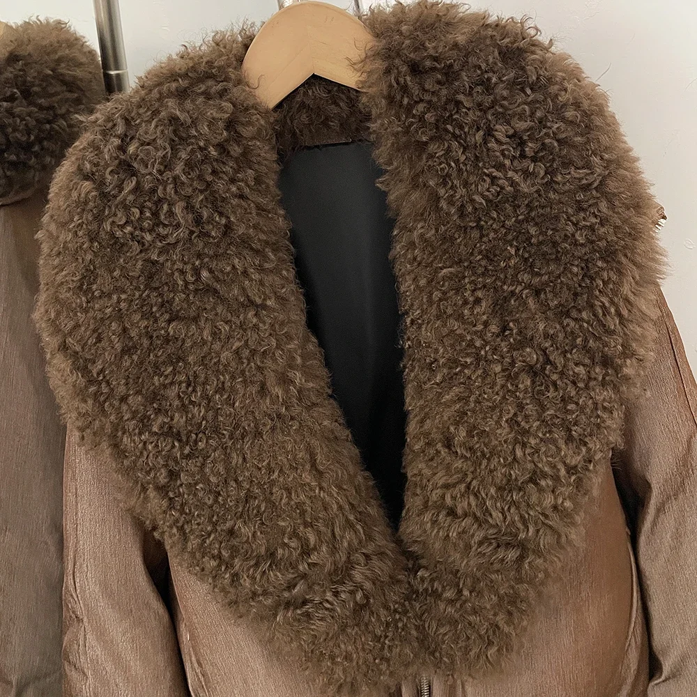 OFTBUY Glänzende Daunenjacke mit Reißverschluss für Damen, warme Winteroberbekleidung, Mantel mit echtem Lammfellkragen, kurzer, lockerer Puffermantel für Damen – Detail 13