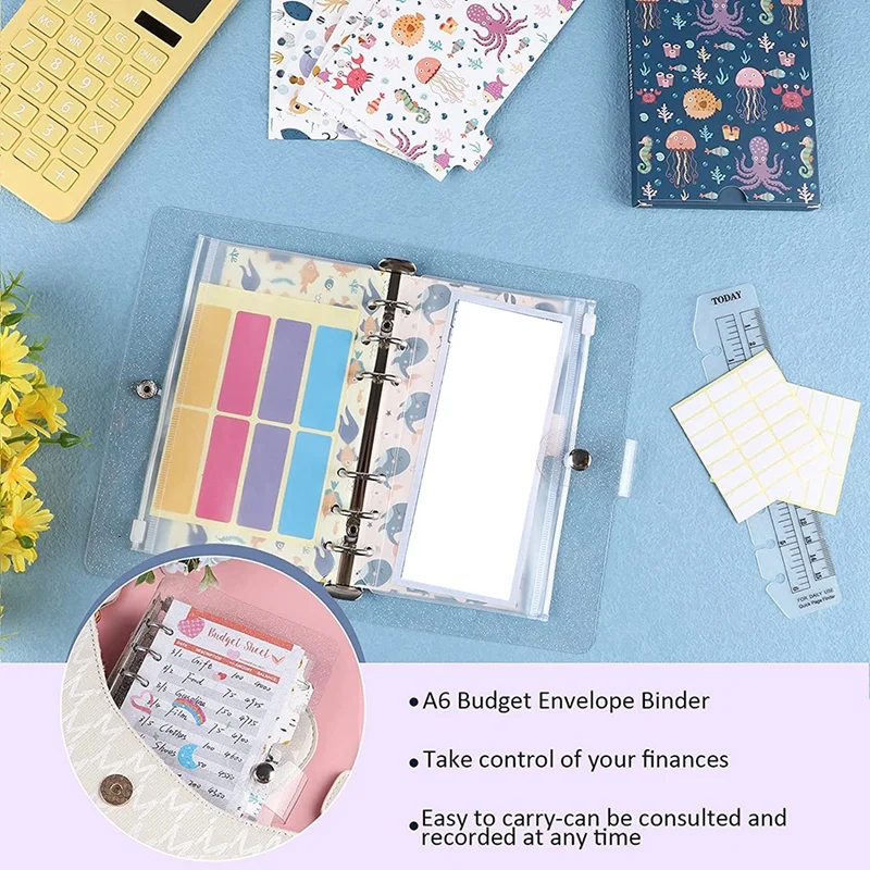 A6 PVC Binder Cover, Budget Sheets,Storage Card Bags,Blank Stickers For 6-Ring Cash Envelopes,Daily Money Planner