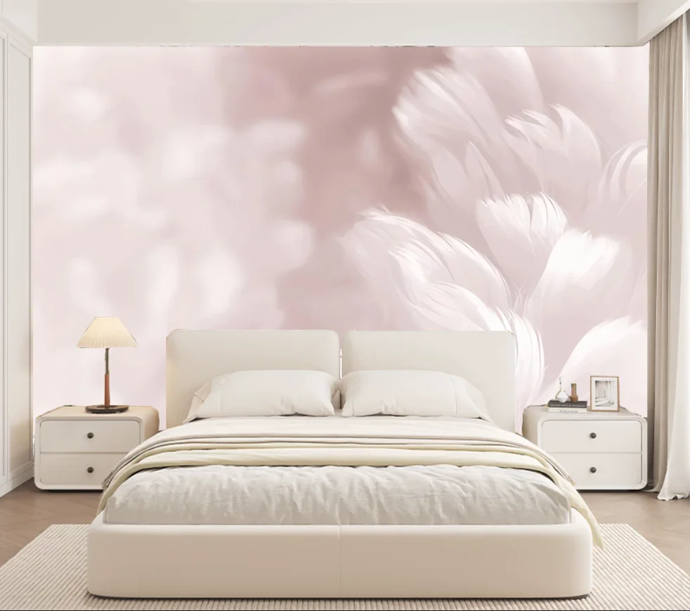 Customized size mural pink dreamy feather wallpaper home decoration living room bedroom palm leaf decoration painting 3d murals