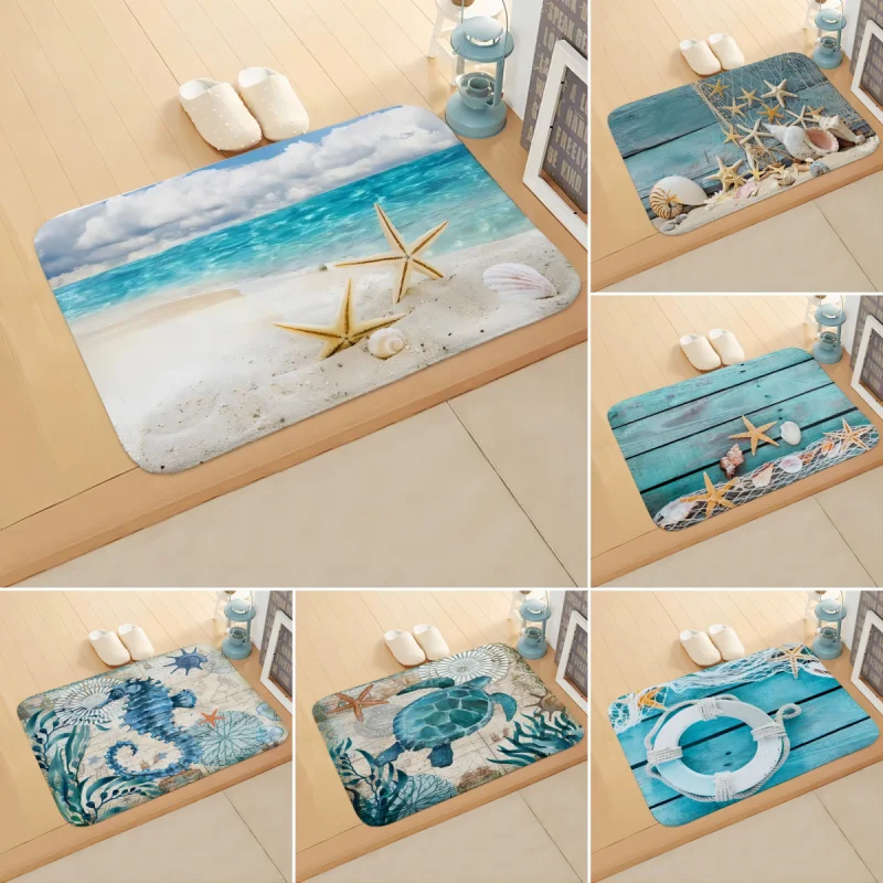 Beach Starfish Pattern Door Mat Anti-Slip Home Outdoor Entrance Floor Carpet Living Room Kitchen Rug Washable Laundry Room Decor