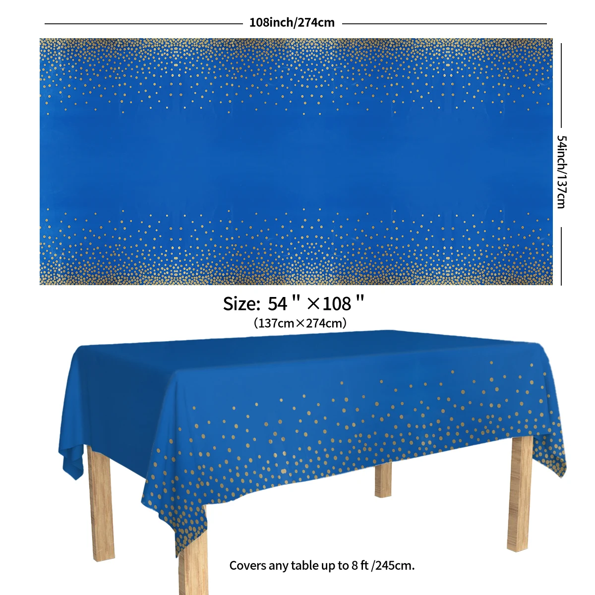 2pcs 137x274cm Blue Gold Dot Rectangle Disposable Waterproof Party Tablecloth for Birthday Wedding Home Decoration Table Cover