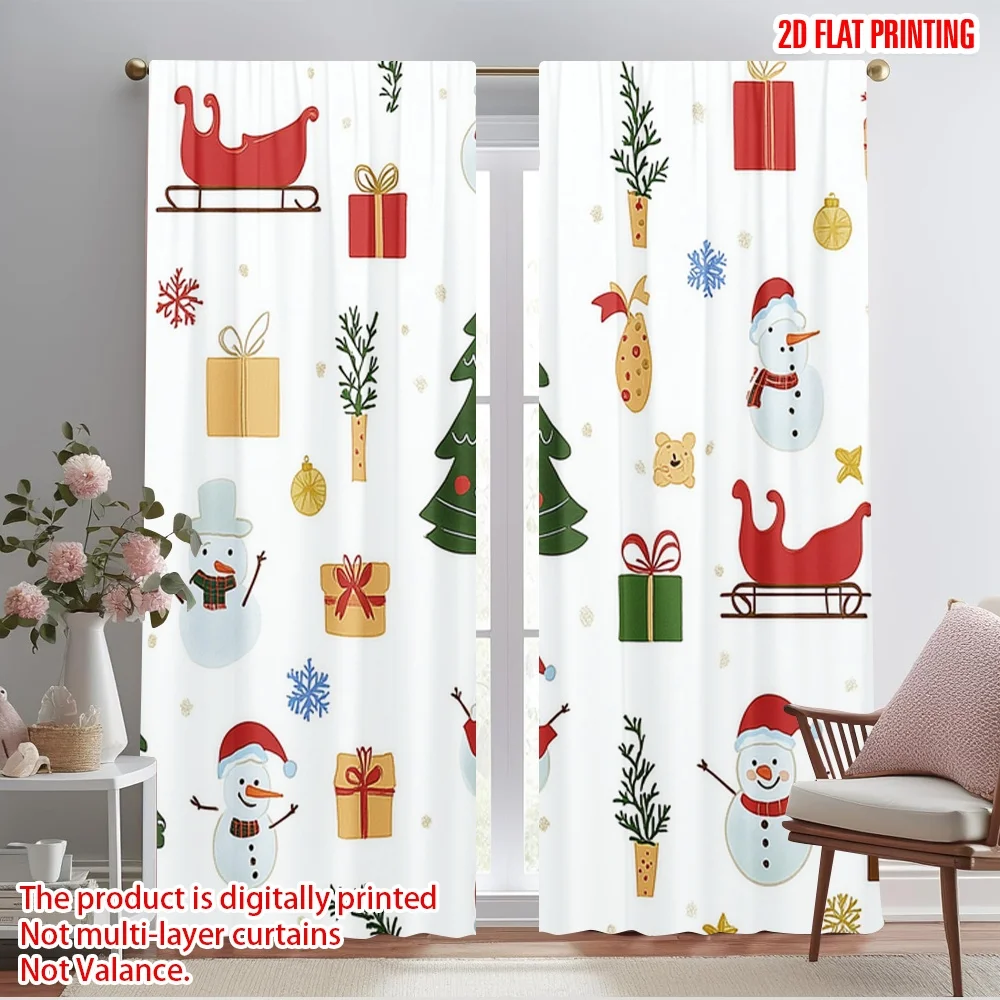 2pcs,2D plane printing Curtain Fabric Christmas Trees Gifts Snowmen (3) Polyester Easy Install (without rod) Decorations Outdoor