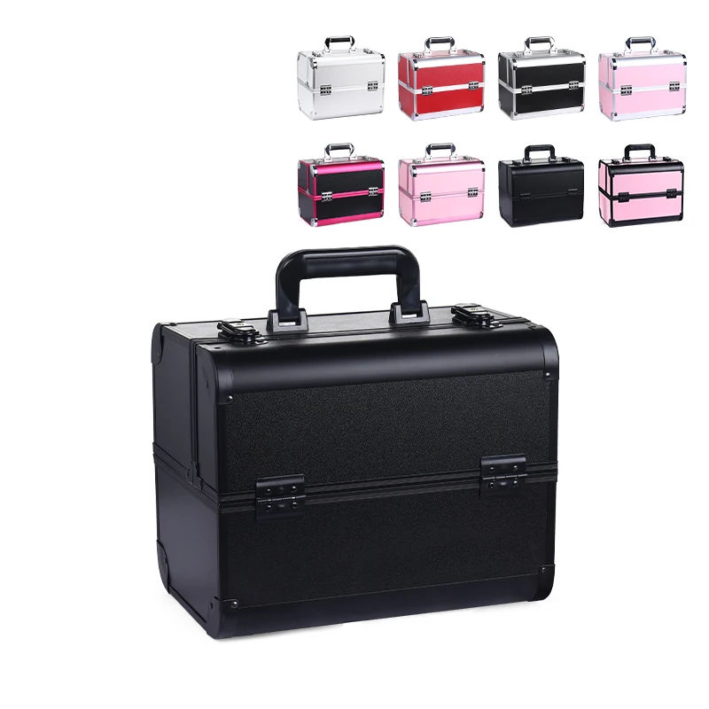 PVC Leather Large Professional Portable Hard Train Makeup Case for 4 plastic trays Cosmetic aluminuin Case